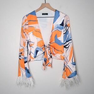 On Twelfth Womens Crop Top L Orange Blue‎ Floral Fringe Festival Boho Rave